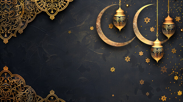 Ramadan kopi space banner on a black background depicting a golden crescent with space for text