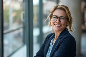 Fototapeta premium Smiling 45 years old american female banker, happy middle aged business man bank manager, mid adult professional businessman ceo executive in office, older mature entrepreneur wearing glasses, headsho