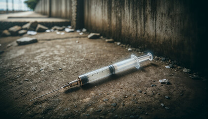 Discarded syringe lying on a gritty urban ground, indicating drug use and social issues. - obrazy, fototapety, plakaty