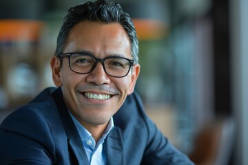 Obraz premium Smiling 45 years old mexican american banker, happy middle aged business man bank manager, mid adult professional businessman ceo executive in office, older mature entrepreneur wearing glasses, headsh