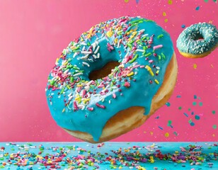 Flying donut with white icing and colorful sprinkles against a vibrant pink banner, copy