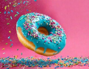 Flying donut with white icing and colorful sprinkles against a vibrant pink banner, copy