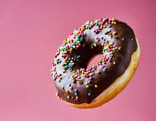 Flying donut with white icing and colorful sprinkles against a vibrant pink banner, copy