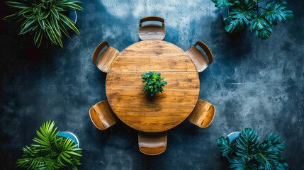 Aerial view of a round wooden table surrounded by plants in a dark office space. Generative AI