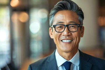 Fototapeta premium Smiling 45 years old asian american banker, happy middle aged business man bank manager, mid adult professional businessman ceo executive in office, older mature entrepreneur wearing glasses, headshot