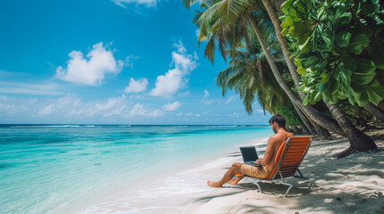 A man sitting on a beach chair working on a laptop, with a beautiful view of the palm trees and ocean in the background.  Ai generative