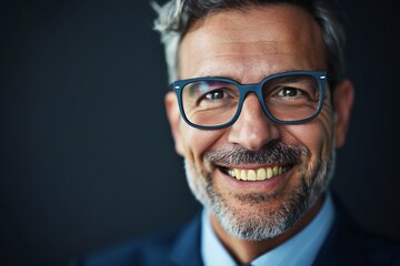 Smiling 45 years old banker, happy middle aged business man bank manager, mid adult professional businessman ceo executive in office, older mature entrepreneur wearing glasses, headshot portrait - obrazy, fototapety, plakaty