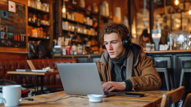 Curly-haired young man with headphones working on laptop in cozy cafe, focused and serene. Generative AI