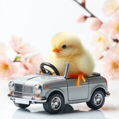 A little chick rides behind the wheel of a child's car.