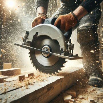 The process of cutting wood with a circular saw.