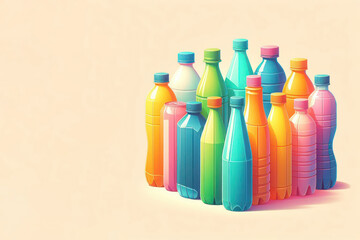 Illustration of colorful plastic bottles on a clean background. Space for text.