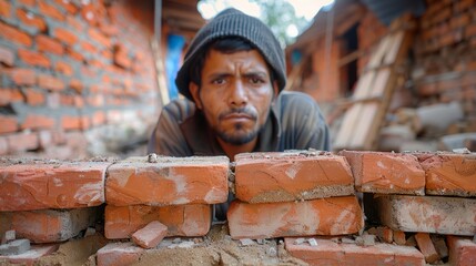 Skilled Construction Worker Carefully Laying Red Bricks Generative AI