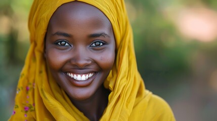 Radiant African Woman in Yellow Headscarf Generative AI - obrazy, fototapety, plakaty