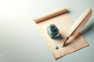 Pen and inkwell lying on paper. Space for text. - obrazy, fototapety, plakaty