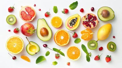 Assortment of different fruits and berries, flat lay, top view, apple, strawberry, pomegranate, mango, avocado, orange, lemon, kiwi, peach isolated on white background