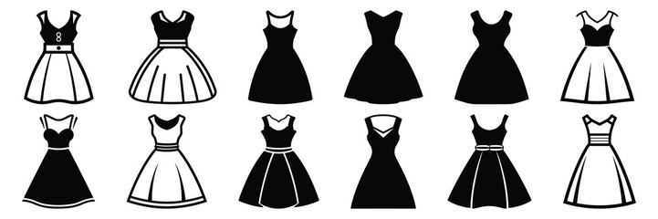 Woman dress fashion silhouettes set, large pack of vector silhouette design, isolated white background