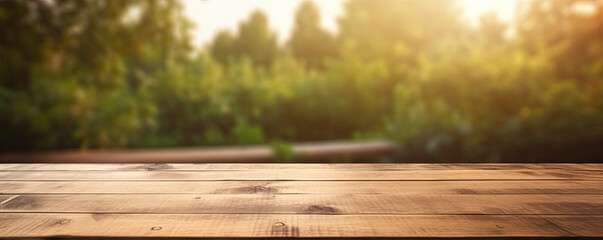 empty old wooden table with blured background. Plank board banner. - obrazy, fototapety, plakaty