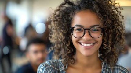 Joyful Woman with Curly Hair and Eyeglasses in Focus Generative AI