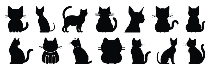 Cat silhouettes set, large pack of vector silhouette design, isolated white background