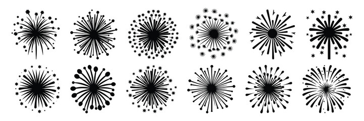 Fireworks silhouettes set, large pack of vector silhouette design, isolated white background