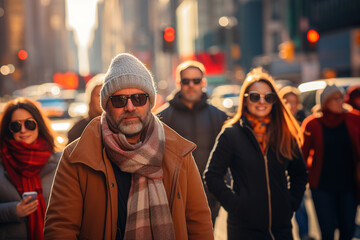 A bearded man dressed in winter clothes walks confidently, surrounded by other pedestrians on a sunny city avenue.