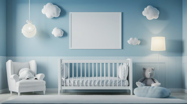 Minimalist baby bedroom with white furniture and cloud decorations on a blue background. Calm nursery concept. Generative AI