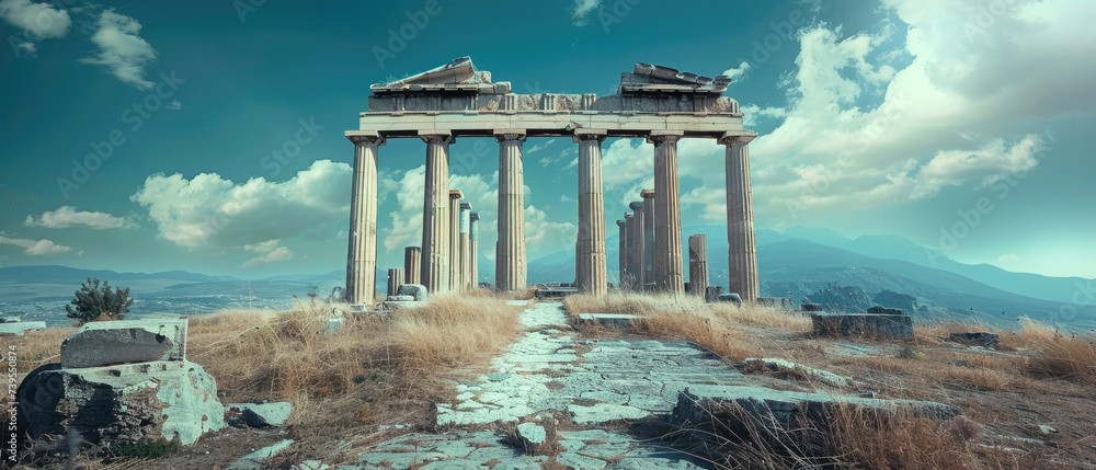 Wall mural ancient temple om mountain top in greece, view of greek ruins on blue sky background, landscape with