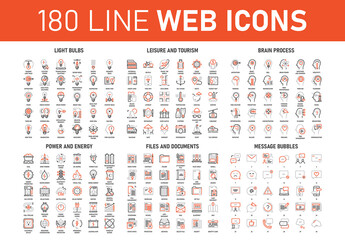 Vector set of 180 flat line web icons on following themes - files and documents, power and energy, message bubbles, leisure and tourism, light bulbs, brain process
