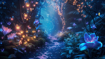 Neon fairy tale forest with luminous flowers, mystery path in dark magical woods, glowing plants and lights in wonderland. Concept of fantasy night, beauty, nature, landscape, art