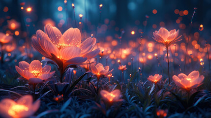Luminous flowers in fantasy neon forest close-up, glowing plants in fairy tale woods at night, beautiful magical bloom and lights. Concept of wonderland, nature, background