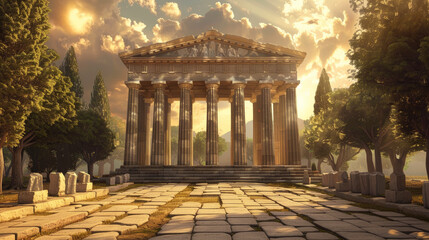 Obraz premium Ancient temple in Greece in summer, scenery of Greek ruins, trees and stone road, landscape with old building, sun and rocks. Theme of antique, travel and history