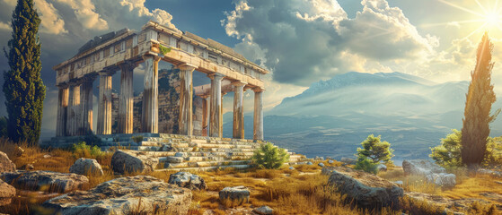 Ancient temple in Greece, view of Greek ruins on mountain and sky background, landscape with old historical building, sun and rocks. Theme of antique, travel and culture - 739550875