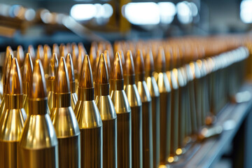 Many of shiny artillery shells or cartridges are in military warehouse, metal munition in storage of weapons factory close-up. Concept of war, background, equipment, supply