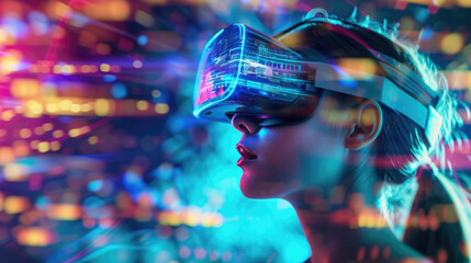 Girl uses metaverse headset on abstract background, portrait of young woman in VR glasses. Concept...