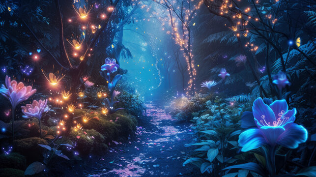 Neon fairy tale forest with luminous flowers, mystery path in dark magical woods, glowing plants and lights in wonderland. Concept of fantasy night, beauty, nature, landscape, art