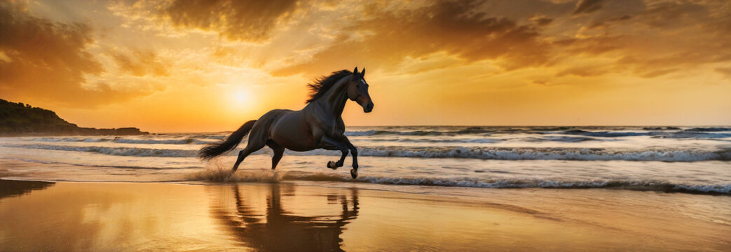 The imposing black stallion trots majestically on the seashore with the wind blowing on his splendid golden mane and the sun making his black coat bathed in the saltiness of the blue sea shine.