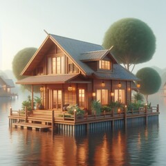 A wooden house standing on the water.