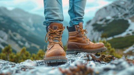 Active Young Man Showcasing Men's Outdoor Lifestyle Boots in Nature Generative AI - obrazy, fototapety, plakaty