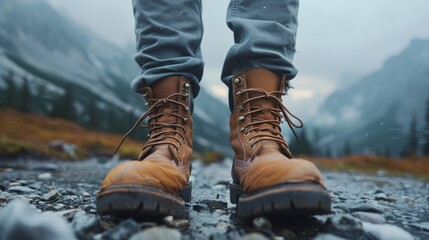 Active Young Man Showcasing Men's Outdoor Lifestyle Boots in Nature Generative AI