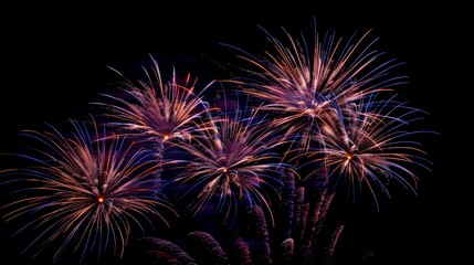 Colorful fireworks. Fireworks are a class of explosive pyrotechnic devices used for aesthetic and entertainment purposes.