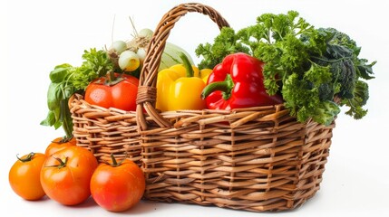 Fototapeta na wymiar Composition with vegetables and fruits in wicker basket isolated on white