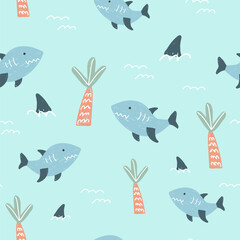 Seamless pattern with cute shark marine animals. Vector illustration. Cute children's background