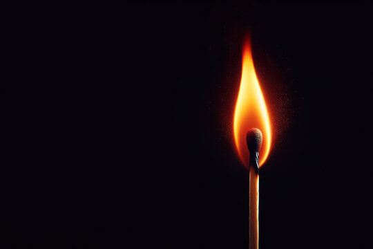 A burning match in the dark. Space for text.