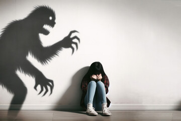 The little girl was frightened by the shadow of the monster on the wall. Space for text.
