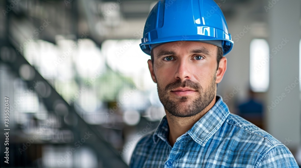 Wall mural Architect in Blue Hardhat Planning in Modern Office Generative AI