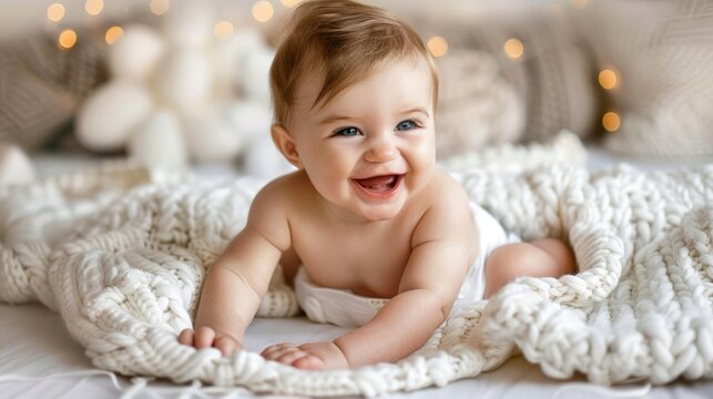 Funny laughing baby wearing a diaper playing with her feet on a white knitted blanket