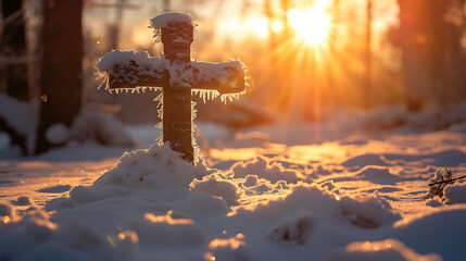 cinematic shot of a cross in the snow. Sun is rising from the back of the cross. He is risen. Cross on the snow with copy space. - obrazy, fototapety, plakaty