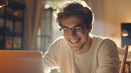 Happy young man, wearing glasses and smiling, as he works on his laptop to get all his business done early in the morning with his cup of coffee - obrazy, fototapety, plakaty