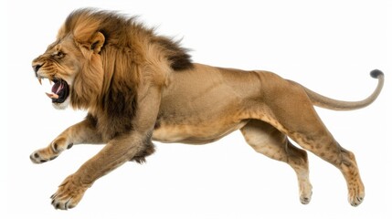 Male adult lion, Panthera leo, leaping mouth open, isolated on white - obrazy, fototapety, plakaty