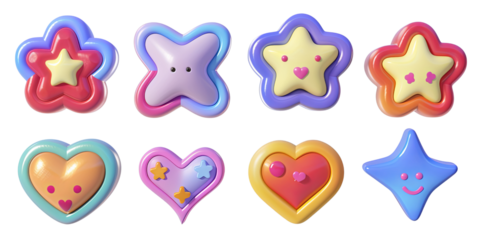 Set of colorful cute render emojis isolated on transparent background